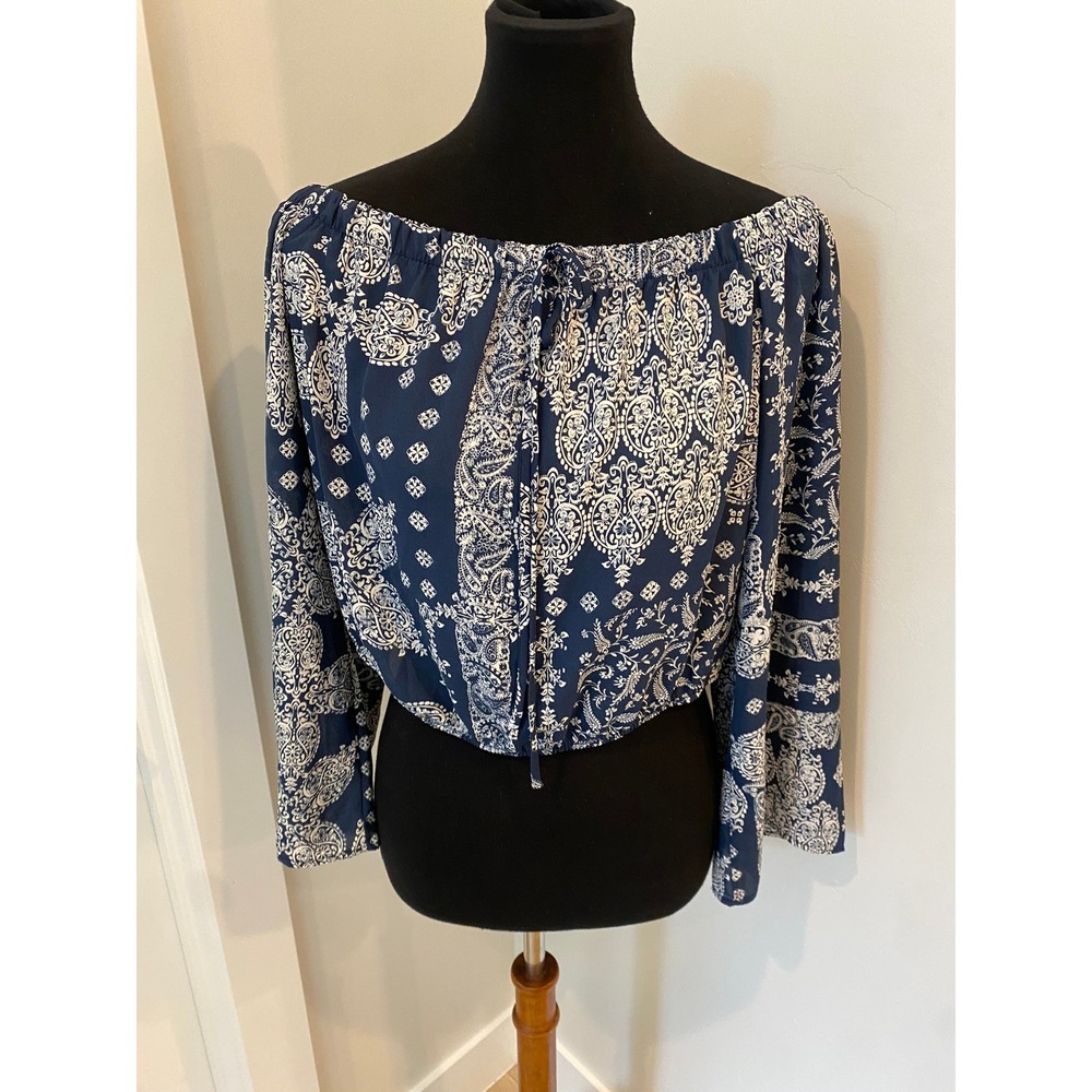 Altar'd State Navy Blue Paisley Off The Shoulder Crop Top Bell Sleeve Large